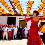 **Prompt:** Vibrant "Feria de Abril" scene in Seville, Spain. A woman in a traditional flamenco dress (traje de gitana) dances passionately under strings of colorful lanterns (farolillos). Include a man playing a Spanish guitar nearby.  Focus on the festive atmosphere and the intricate details of the dress.