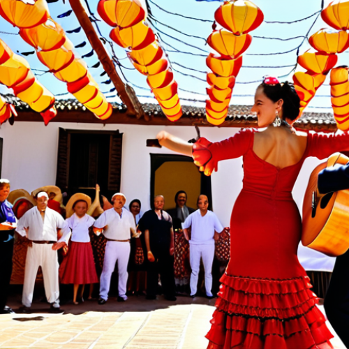 Home 15 **Prompt:** Vibrant "Feria de Abril" scene in Seville, Spain. A woman in a traditional flamenco dress (traje de gitana) dances passionately under strings of colorful lanterns (farolillos). Include a man playing a Spanish guitar nearby. Focus on the festive atmosphere and the intricate details of the dress.