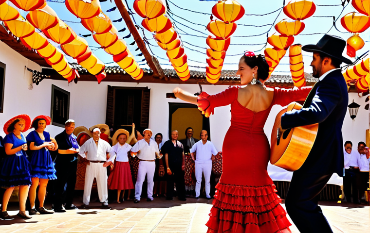 **Prompt:** Vibrant "Feria de Abril" scene in Seville, Spain. A woman in a traditional flamenco dress (traje de gitana) dances passionately under strings of colorful lanterns (farolillos). Include a man playing a Spanish guitar nearby. Focus on the festive atmosphere and the intricate details of the dress.