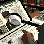 **

A detective meticulously examining a digital document with a magnifying glass, surrounded by stacks of books and open browser windows filled with news articles. The scene should evoke a sense of careful scrutiny and information verification. The color palette leans towards muted browns and greens, suggesting knowledge and investigation. Focus on conveying the importance of source credibility.

**