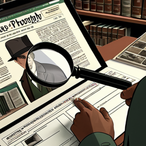 Home 14 **
A detective meticulously examining a digital document with a magnifying glass, surrounded by stacks of books and open browser windows filled with news articles. The scene should evoke a sense of careful scrutiny and information verification. The color palette leans towards muted browns and greens, suggesting knowledge and investigation. Focus on conveying the importance of source credibility.
**