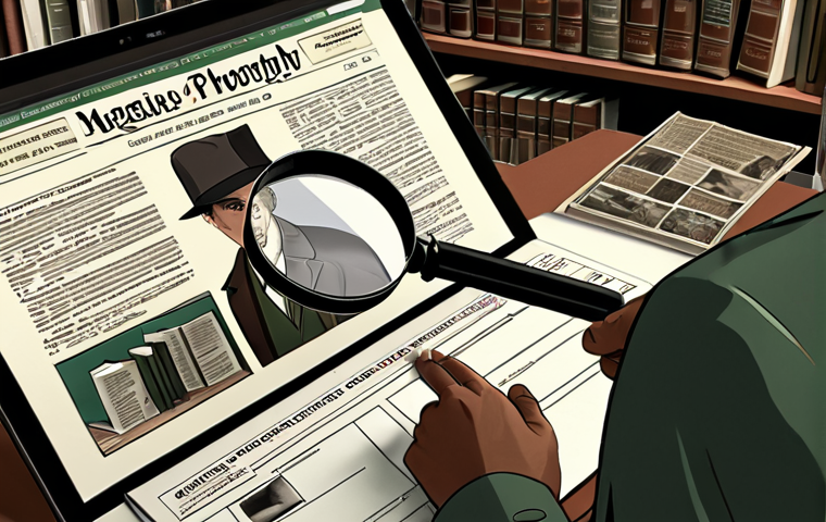 **
A detective meticulously examining a digital document with a magnifying glass, surrounded by stacks of books and open browser windows filled with news articles. The scene should evoke a sense of careful scrutiny and information verification. The color palette leans towards muted browns and greens, suggesting knowledge and investigation. Focus on conveying the importance of source credibility.
**