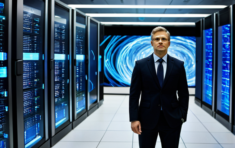 A professional individual in a modest business suit, standing calmly amidst a dynamic, swirling visualization of information streams and digital screens in a modern, well-lit data center. The atmosphere conveys the transition from information overload to clear discernment, with a subtle glow of understanding on the subject's face. The setting is clean and futuristic, emphasizing clarity through complexity. fully clothed, appropriate attire, safe for work, perfect anatomy, correct proportions, natural pose, well-formed hands, proper finger count, natural body proportions, professional photography, high quality, appropriate content, professional.