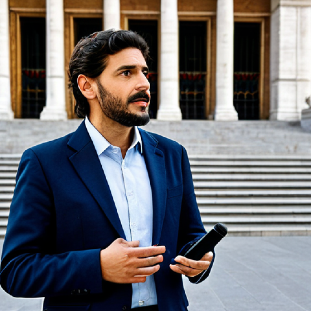 **

"A professional journalist in a modest blazer and collared shirt, holding a microphone and interviewing a subject in front of the Spanish Parliament building in Madrid, fully clothed, appropriate attire, safe for work, perfect anatomy, natural proportions, professional photojournalism, high quality"

**
