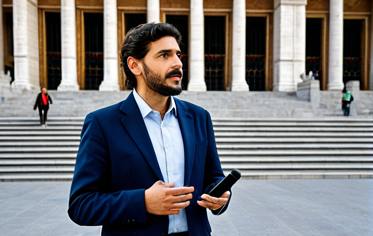 **

"A professional journalist in a modest blazer and collared shirt, holding a microphone and interviewing a subject in front of the Spanish Parliament building in Madrid, fully clothed, appropriate attire, safe for work, perfect anatomy, natural proportions, professional photojournalism, high quality"

**