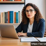상황별 고품질 정보원 식별 전략 - A professional Hispanic woman in her early 30s, sitting at a modern desk with a laptop open to a res...