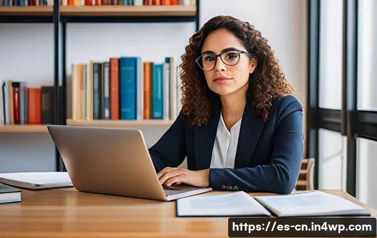 상황별 고품질 정보원 식별 전략 - A professional Hispanic woman in her early 30s, sitting at a modern desk with a laptop open to a res...