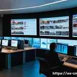 정보원 검증을 위한 팁과 도구 - A modern digital newsroom scene focused on a diverse group of Spanish-speaking journalists analyzing...