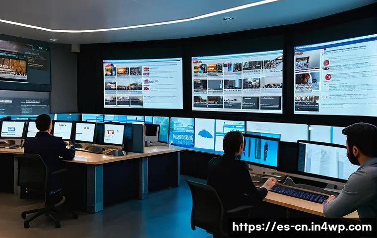 정보원 검증을 위한 팁과 도구 - A modern digital newsroom scene focused on a diverse group of Spanish-speaking journalists analyzing...